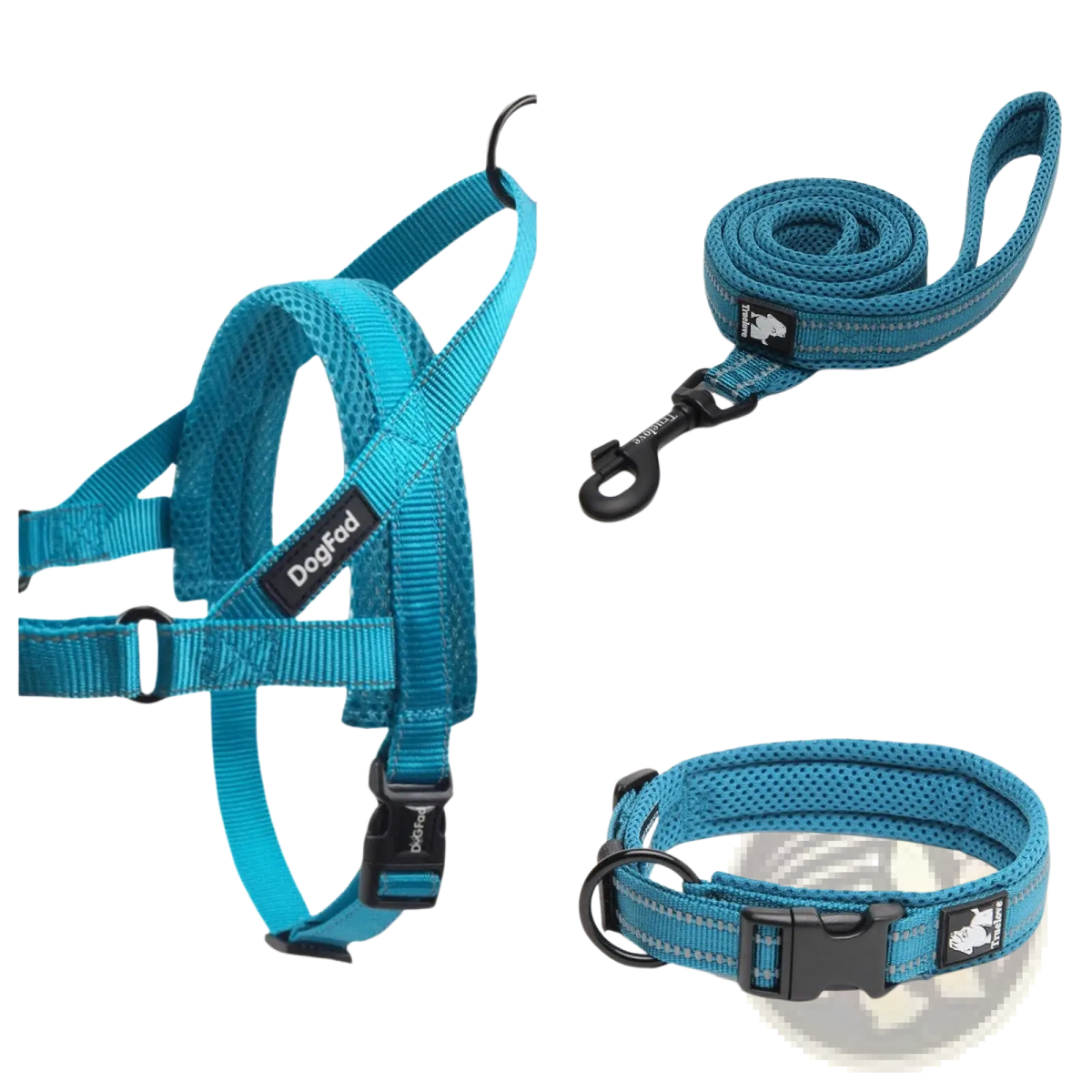 Teal mesh reflective braided nylon dog harness leash and collar set by dogfad for secure walking