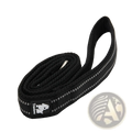 Black woven reflective braided nylon dog leash with silver stripes and branded patch for safety and durability