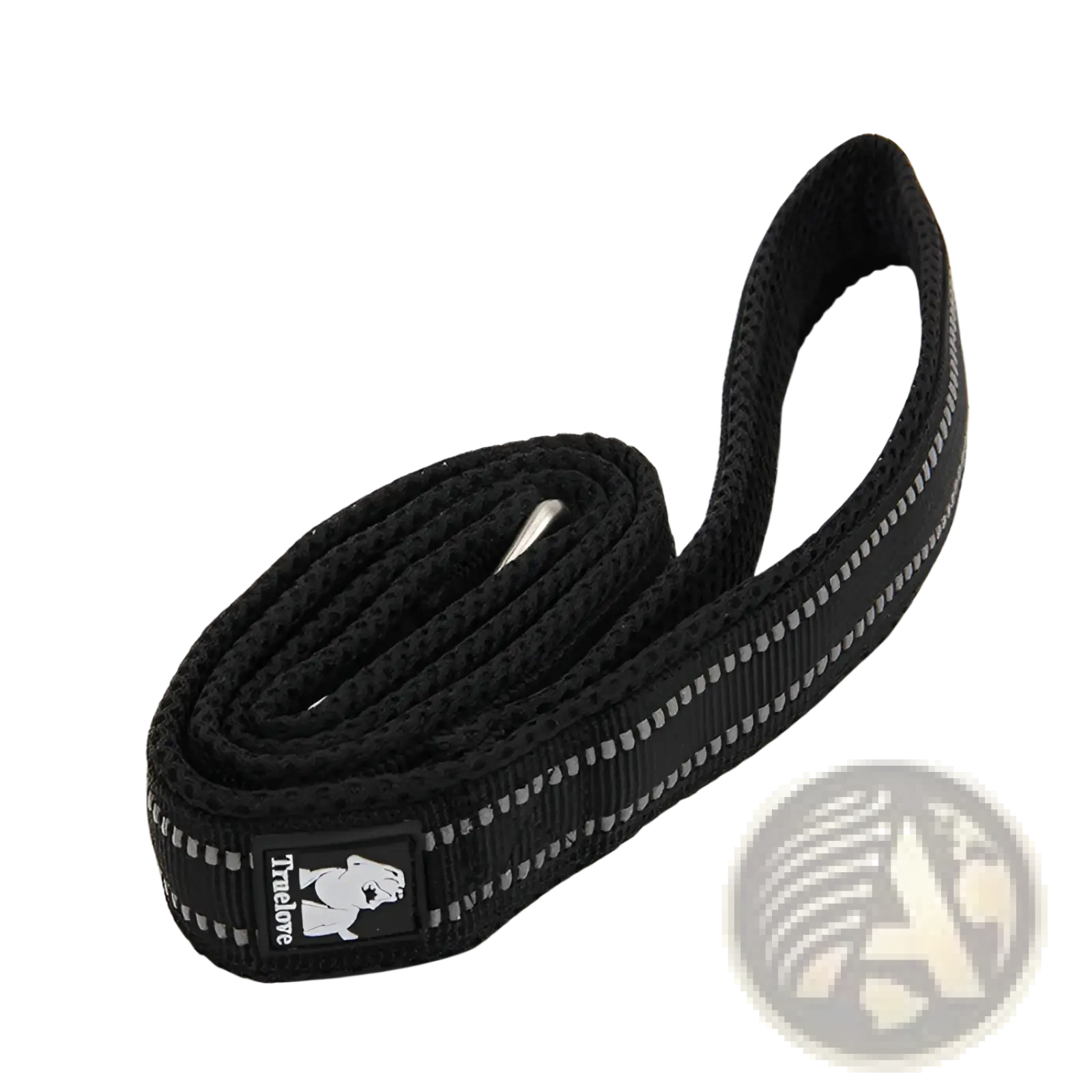Black woven reflective braided nylon dog leash with silver stripes and branded patch for safety and durability
