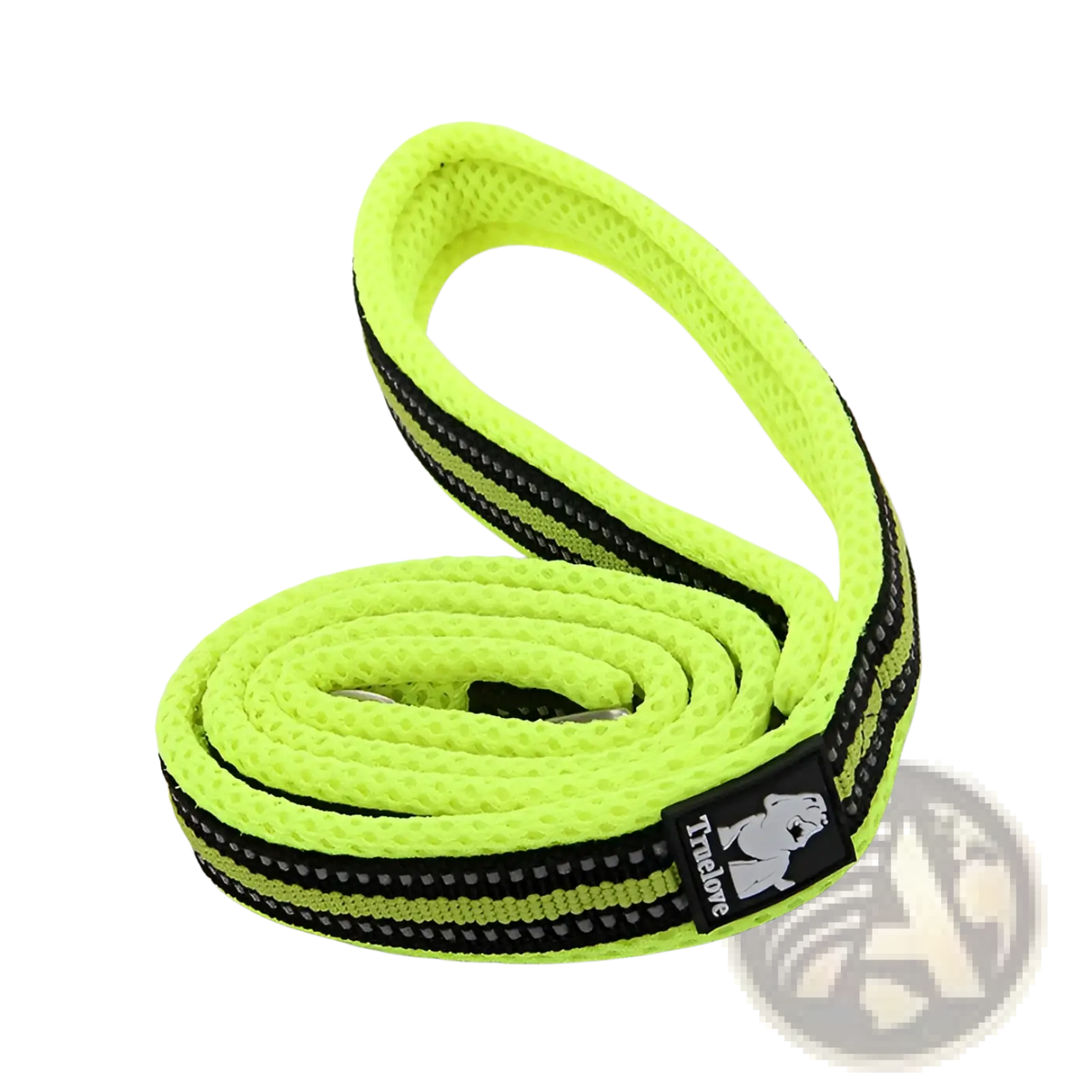 Bright neon green reflective braided nylon dog leash with black stripes and a branded tag for safety and durability