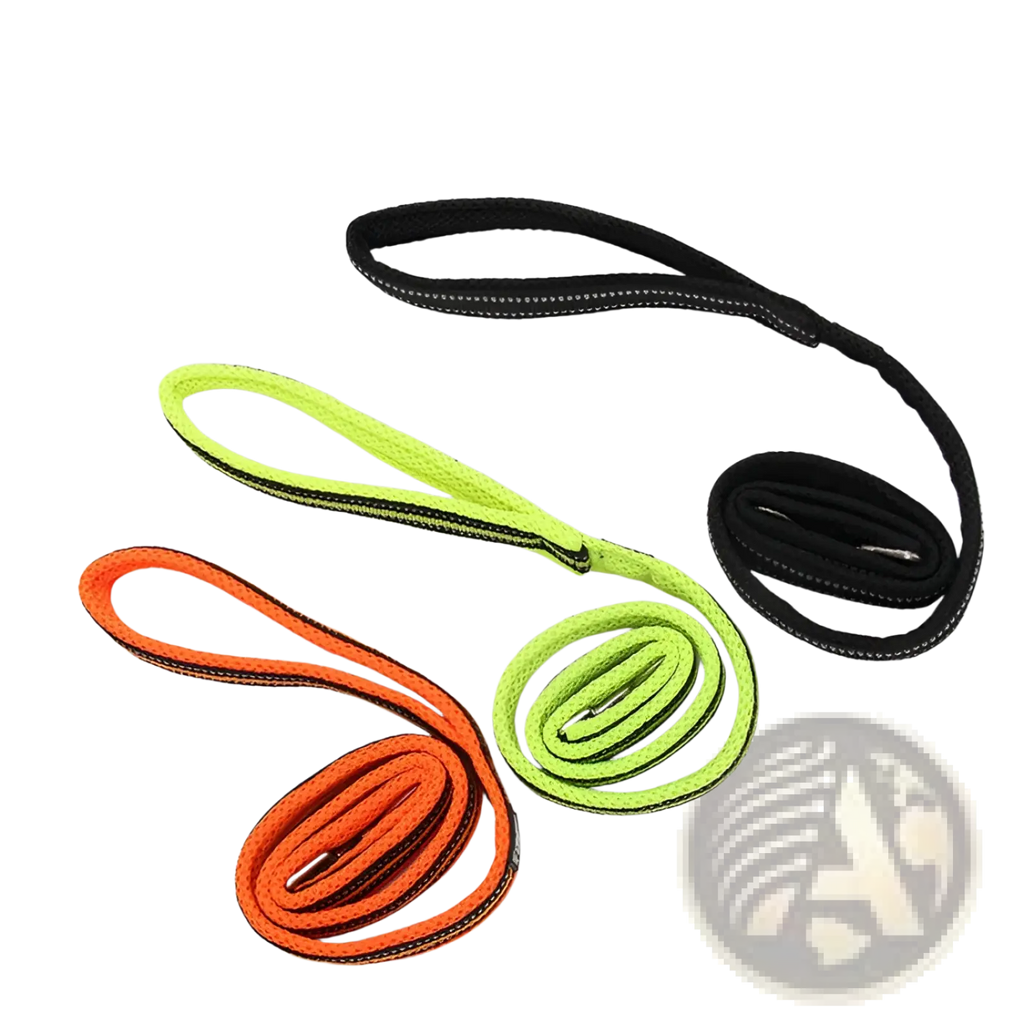 Three brightly colored reflective braided nylon rope handles in black neon green and orange for dog leash and harness set