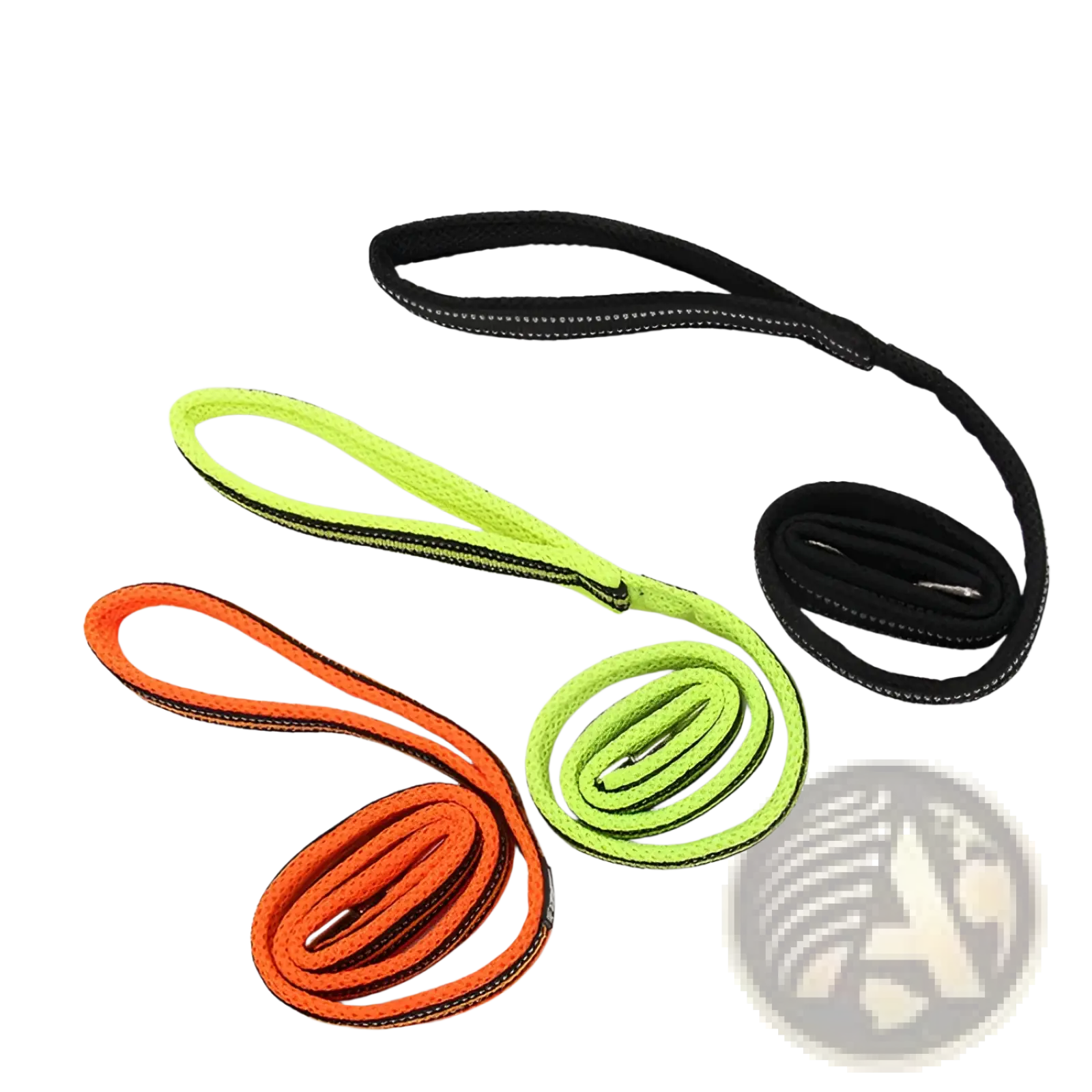 Three brightly colored reflective braided nylon rope handles in black neon green and orange for dog leash and harness set