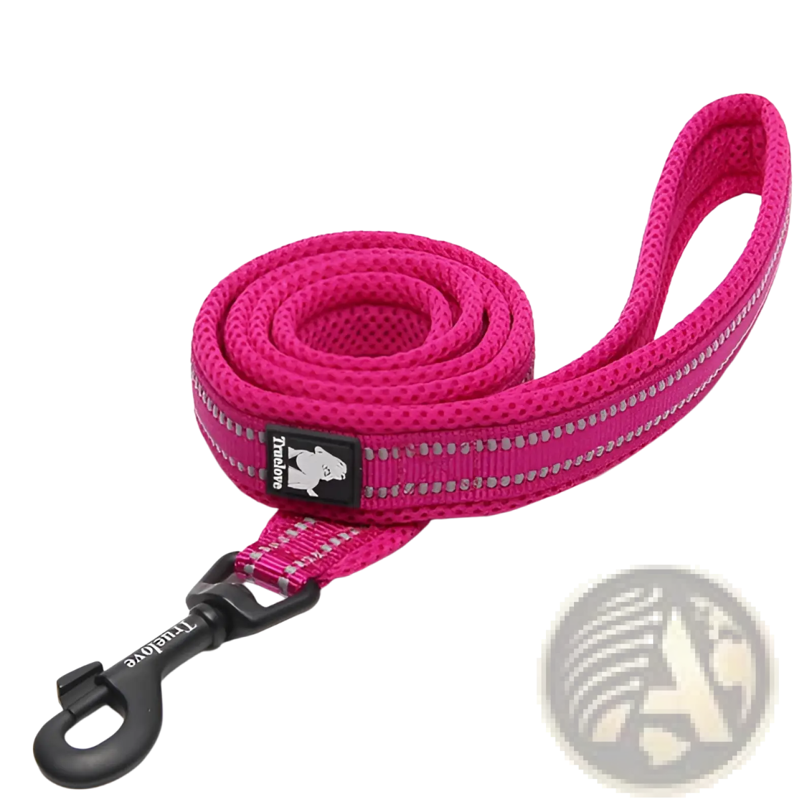 Reflective braided nylon dog leash in bright pink with silver stripes and black metal clasp for secure walking
