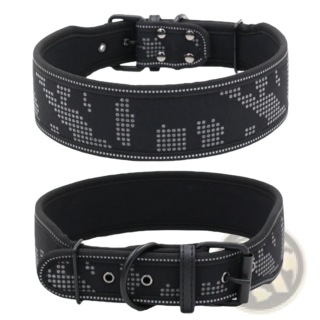 Black reflective camouflage nylon dog collar with silver paw print pattern and sturdy metal buckle
