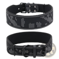 Black reflective camouflage nylon dog collar with silver paw print pattern and sturdy metal buckle