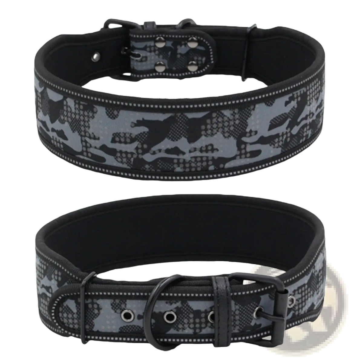 Reflective camouflage nylon dog collar in gray and black with reflective stitching for enhanced visibility and durability
