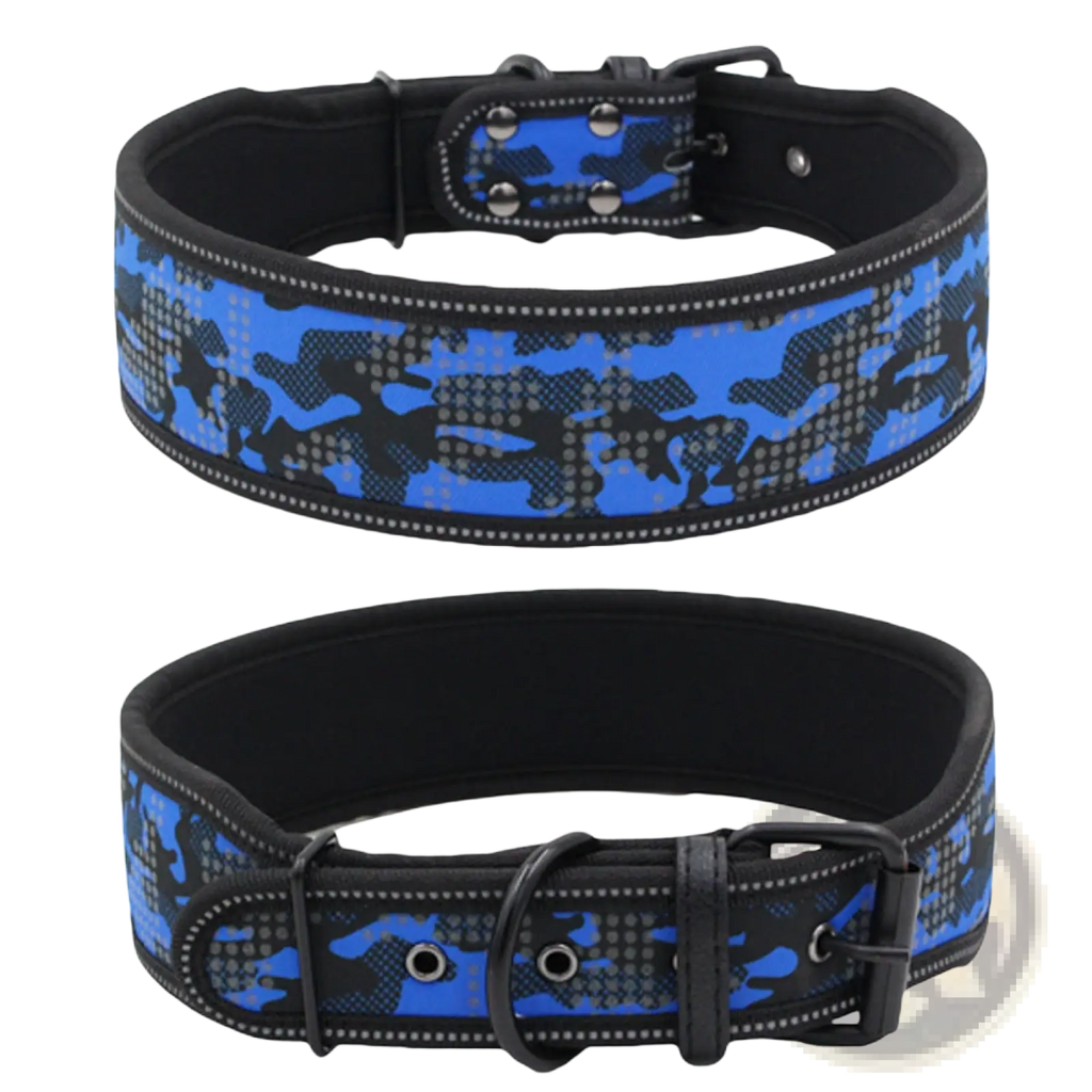 Reflective camouflage nylon dog collar in blue and black with reflective dots and a sturdy buckle