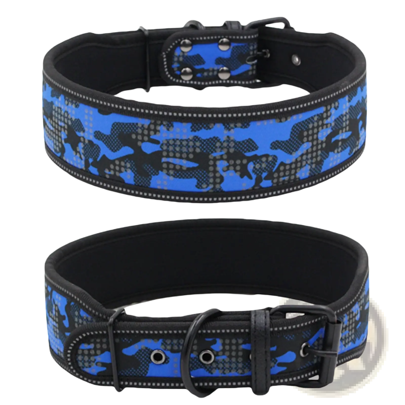 Reflective camouflage nylon dog collar in blue and black with reflective dots and a sturdy buckle