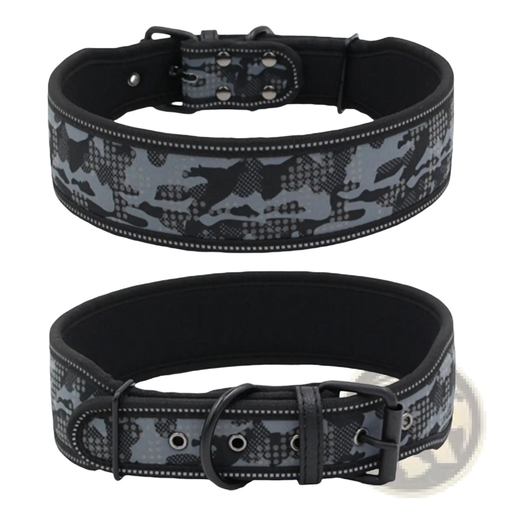 Reflective camouflage nylon dog collar in gray and black with reflective stitching for enhanced visibility