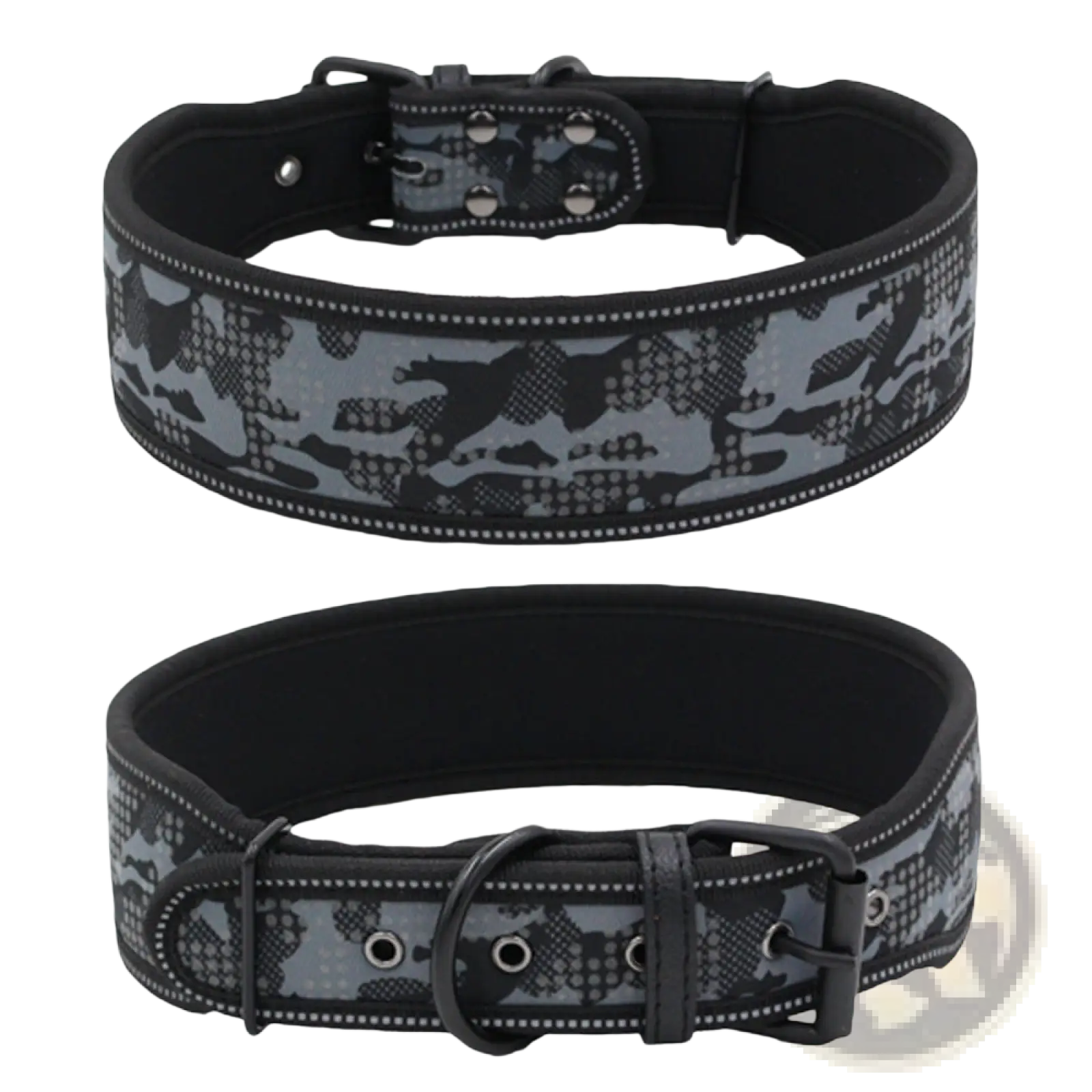Reflective camouflage nylon dog collar in gray and black with reflective stitching for enhanced visibility