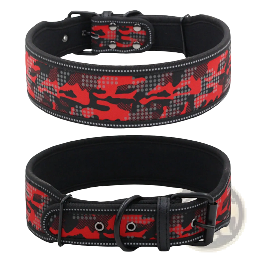 Reflective camouflage nylon dog collar in red and black with reflective stitching for enhanced visibility