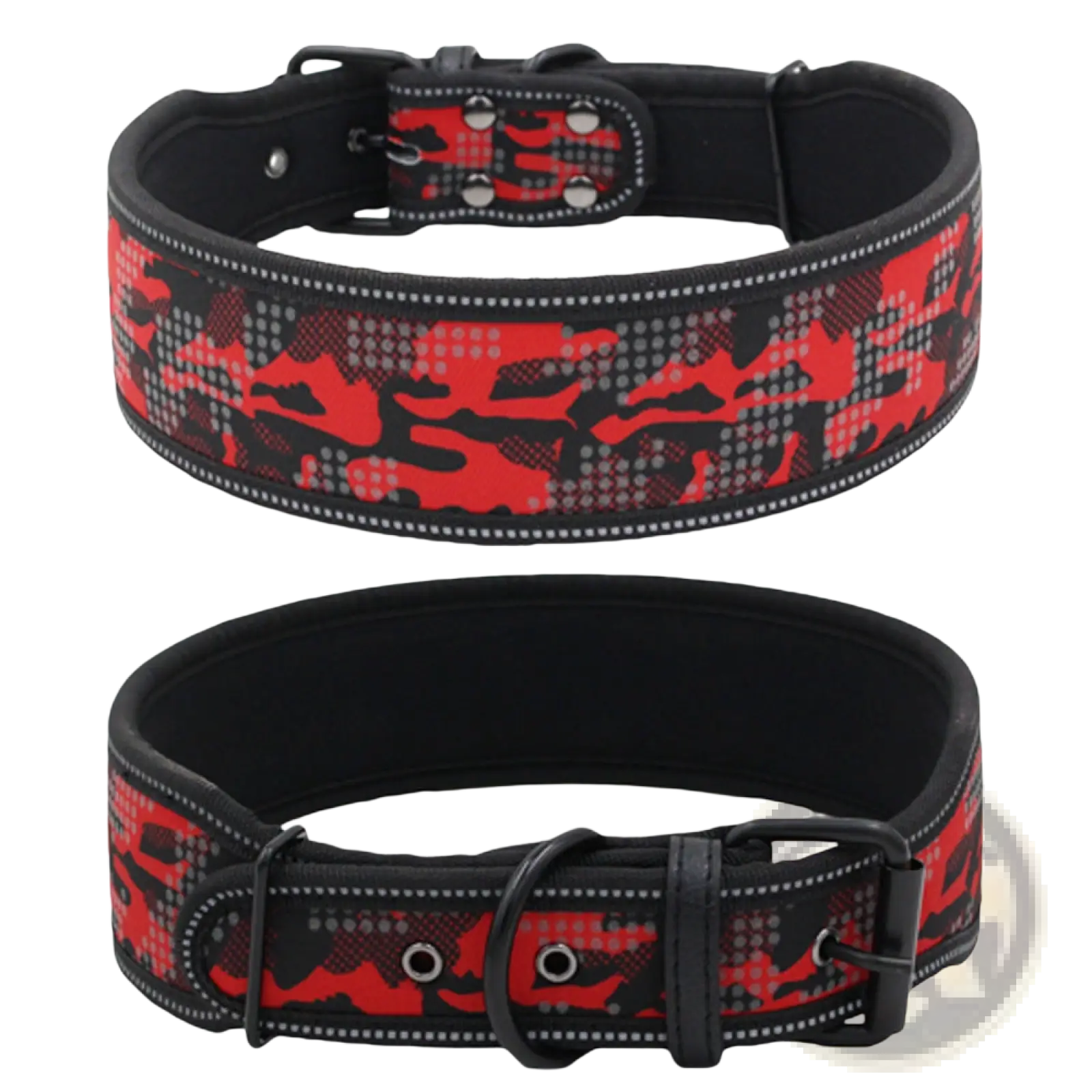Reflective camouflage nylon dog collar in red and black with reflective stitching for enhanced visibility