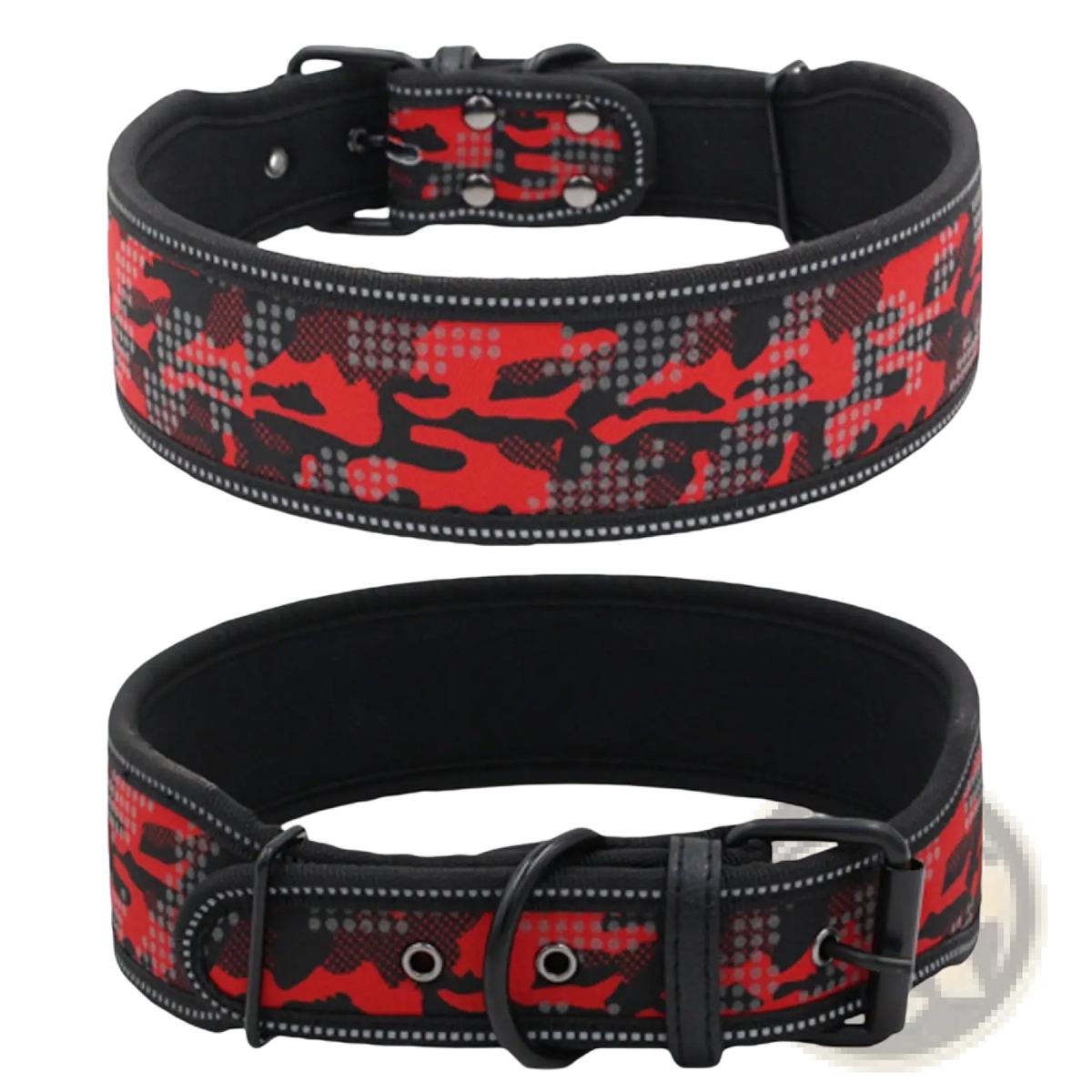 Reflective camouflage nylon dog collar in red and black with reflective stitching for enhanced visibility