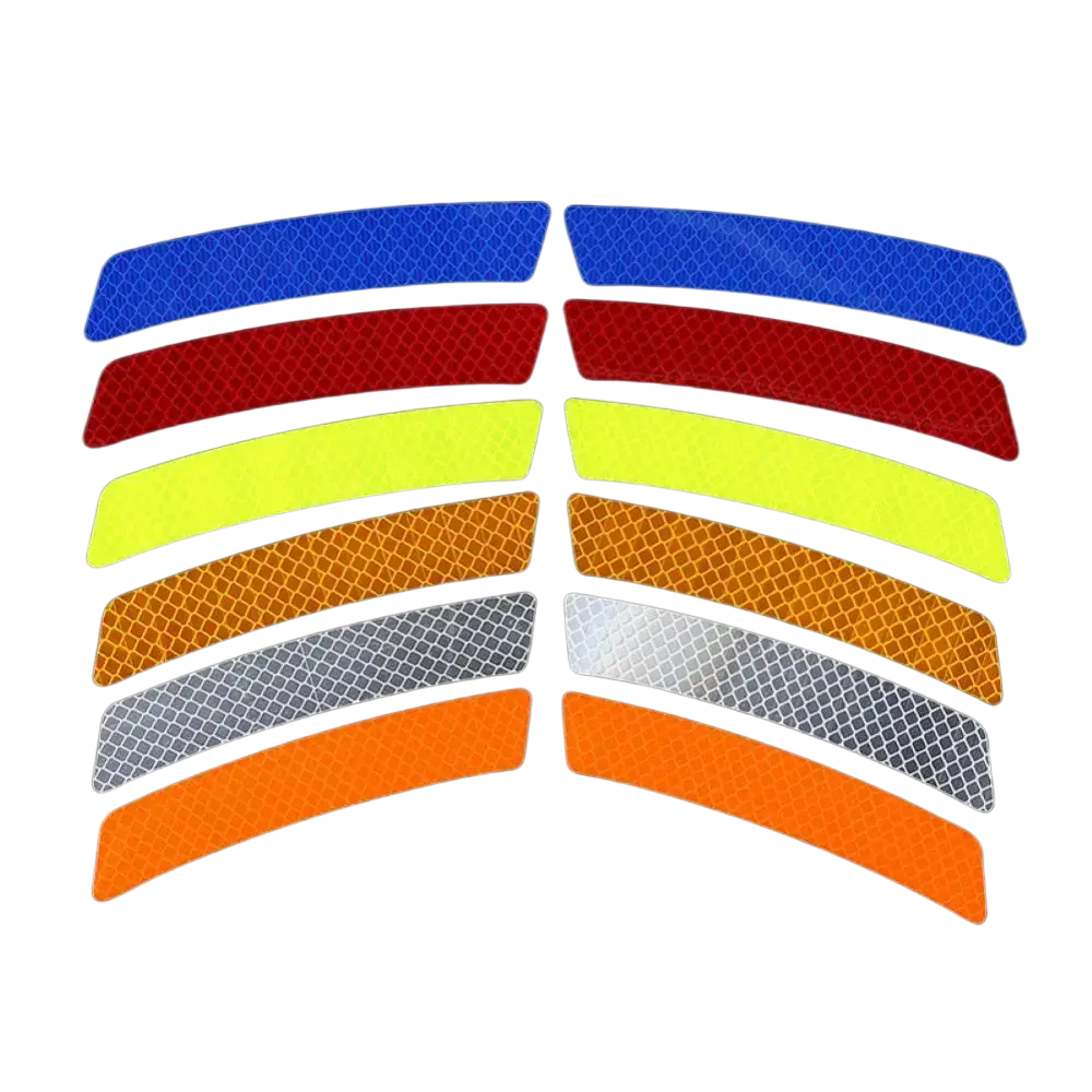 Set of colorful reflective car door edge guard strips in blue red yellow orange silver and white with a grid pattern