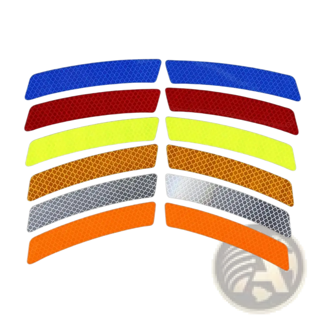 Set of colorful reflective car door edge guard strips in blue red yellow orange silver and white with a grid pattern