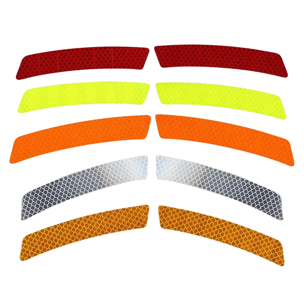 Set of reflective car door edge guard strips in red lime green orange silver and amber with diamond-patterned surface