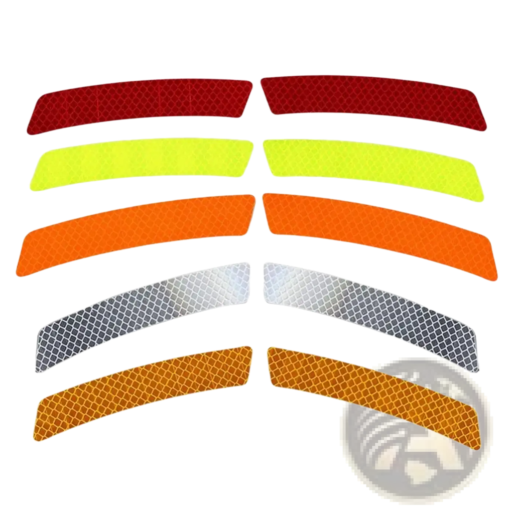 Set of reflective car door edge guard strips in red lime green orange silver and amber with diamond-patterned surface