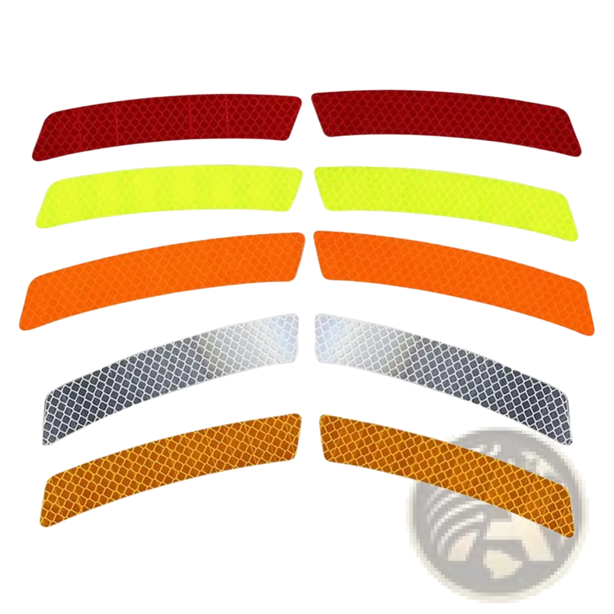 Set of reflective car door edge guard strips in red lime green orange silver and amber with diamond-patterned surface