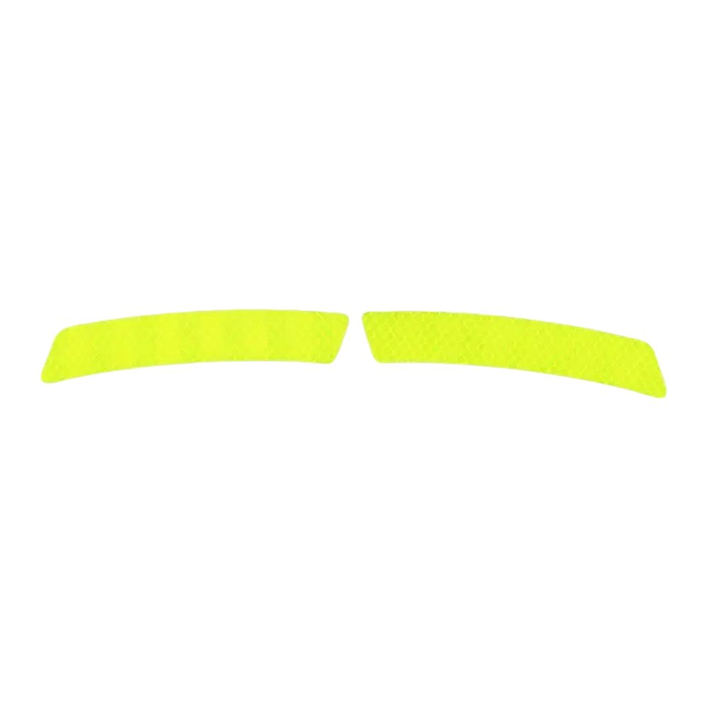Two bright neon yellow reflective car door edge guard adhesive strips curved for vehicle side mirror protection