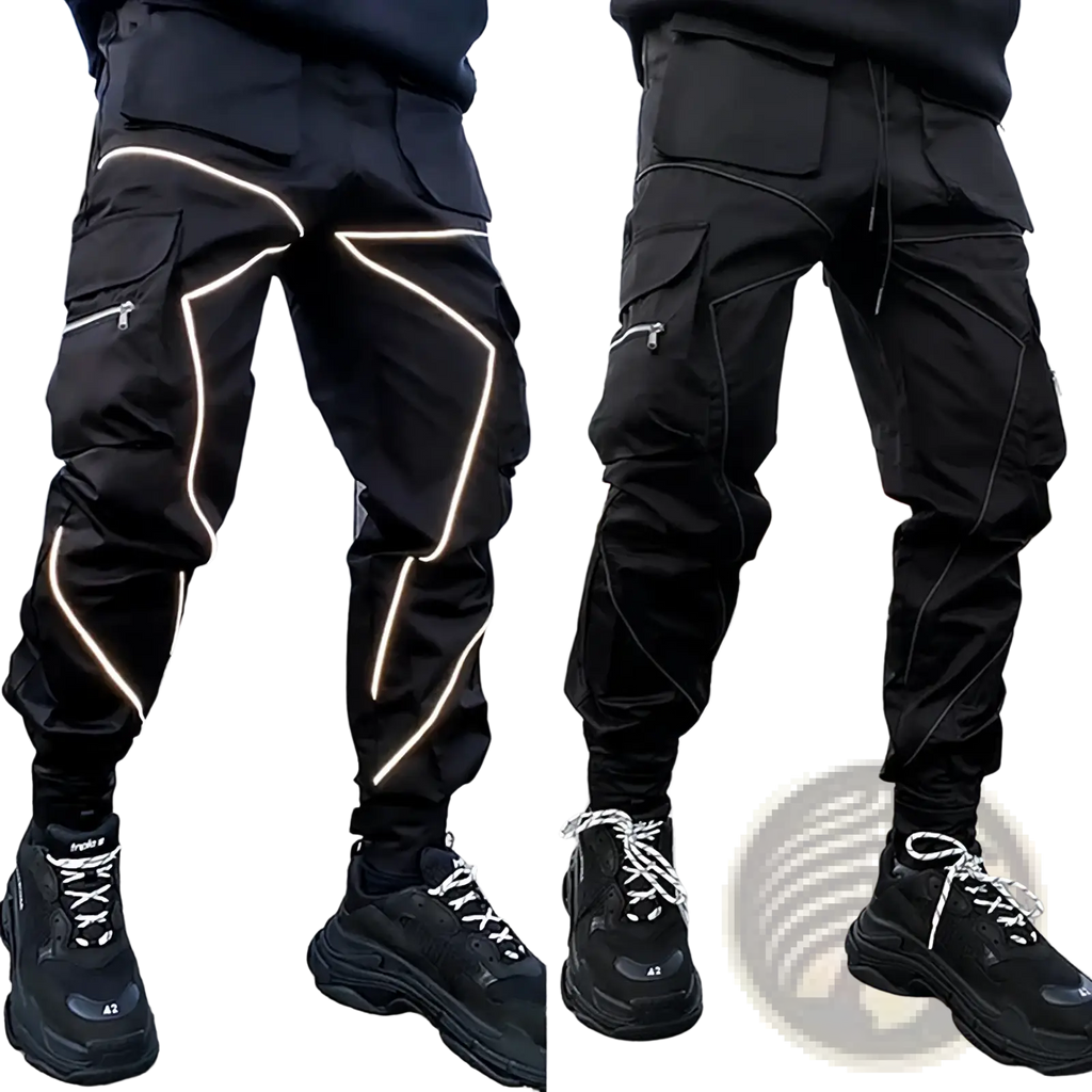 Black tactical cargo joggers with glowing white reflective stripes along seams for men activewear use