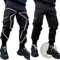 Black tactical cargo joggers with glowing white reflective stripes along seams for men activewear use