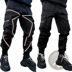 Black tactical cargo joggers with glowing white reflective stripes along seams for men activewear use