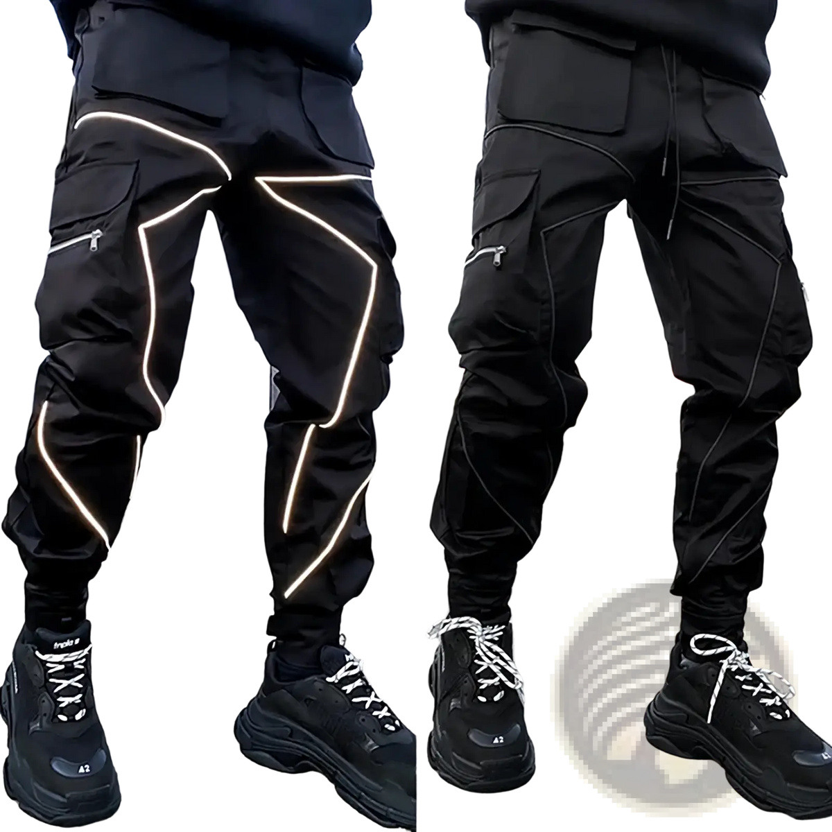 Black tactical cargo joggers with glowing white reflective stripes along seams for men activewear use