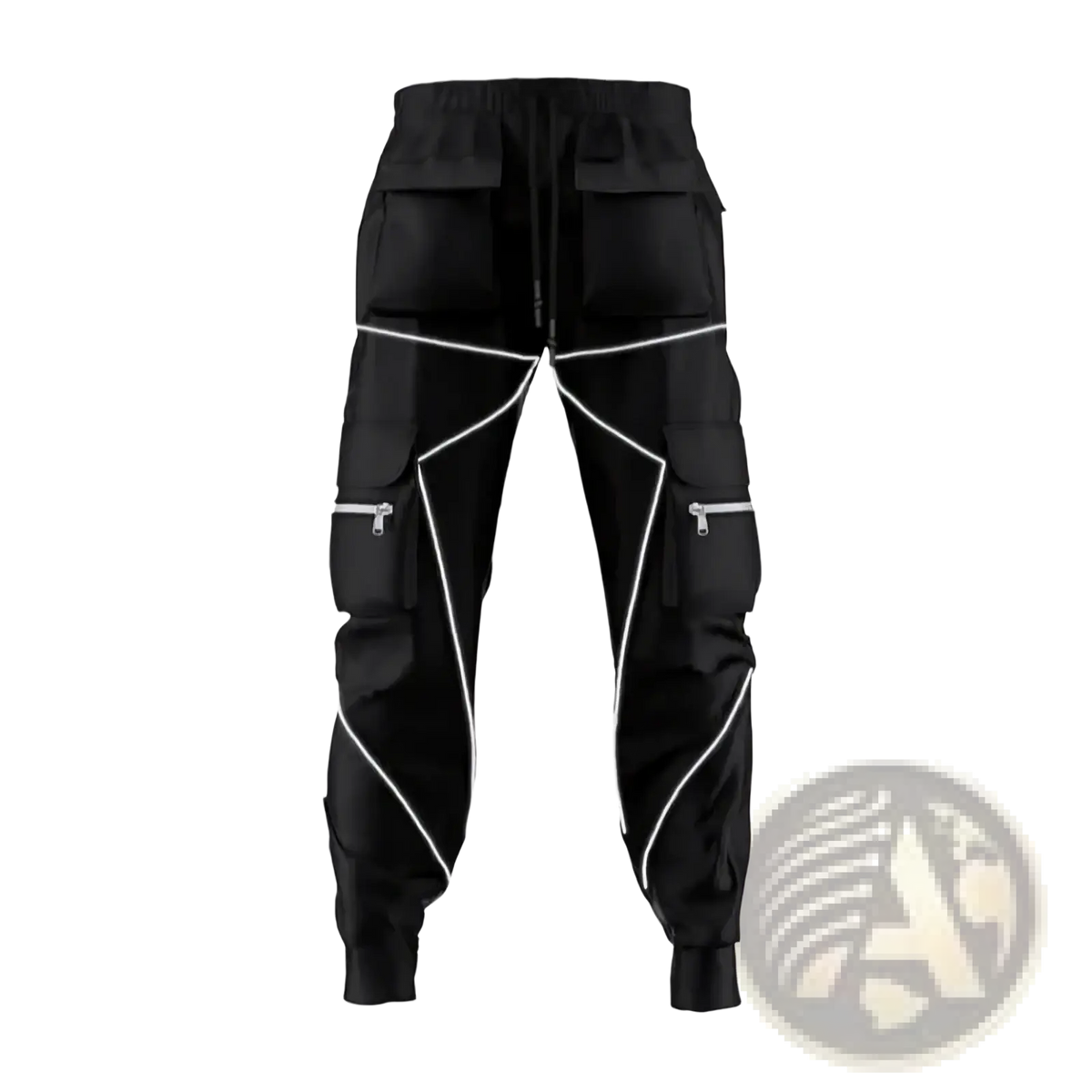 Black reflective cargo joggers for men featuring white reflective stitching and multiple zippered pockets for activewear
