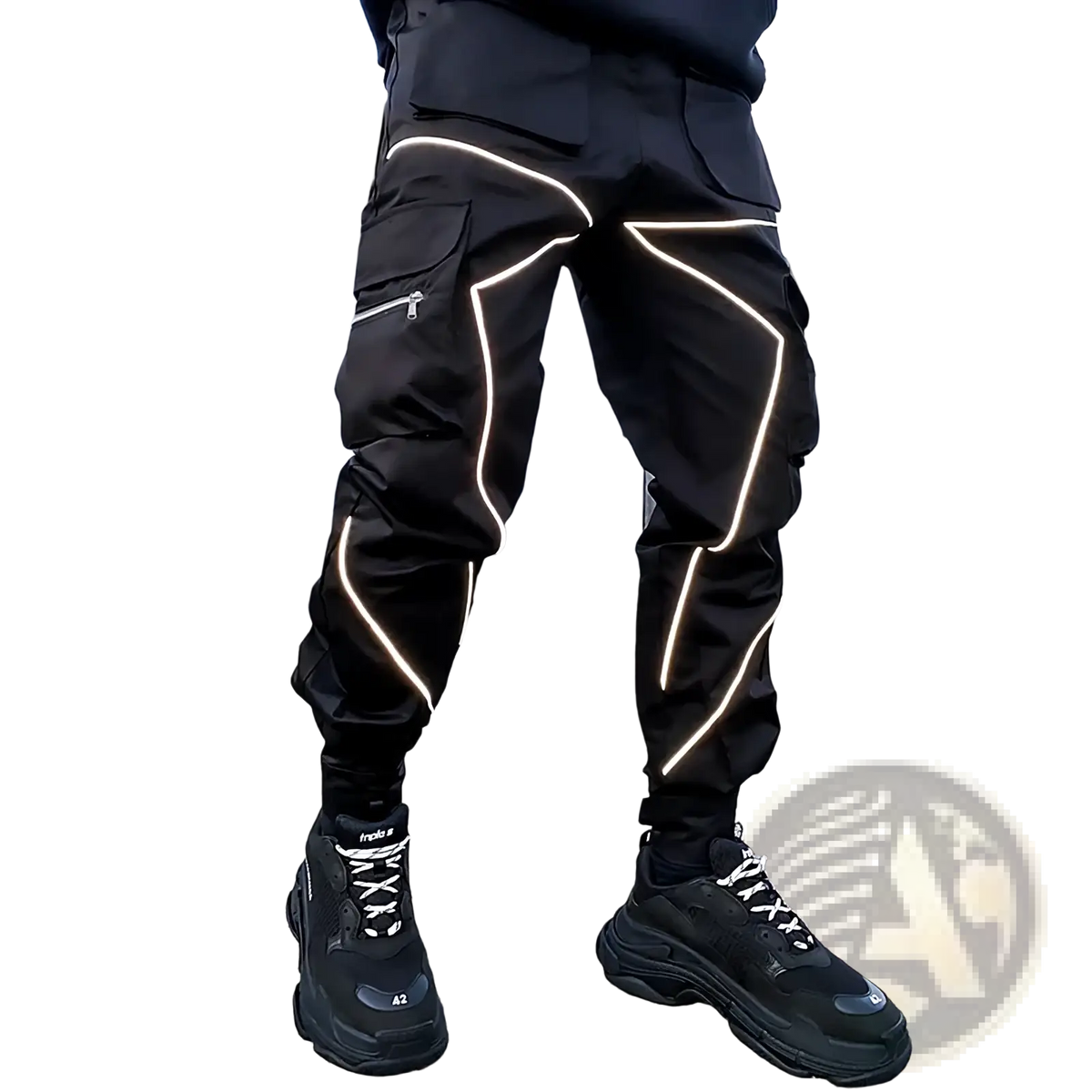 Black reflective cargo joggers with glowing white stripes on sides and pockets designed for men’s activewear