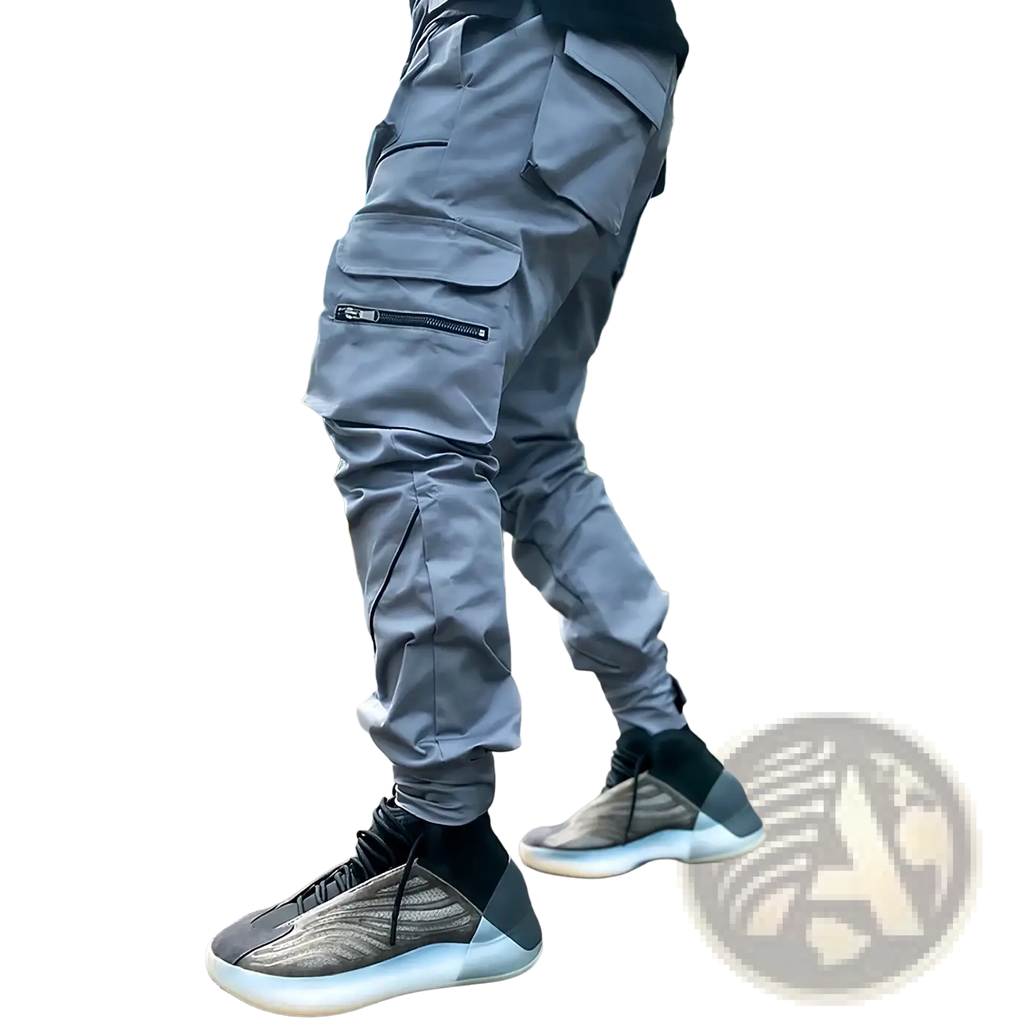Gray reflective cargo joggers for men featuring multiple pockets and a sleek modern design for activewear use