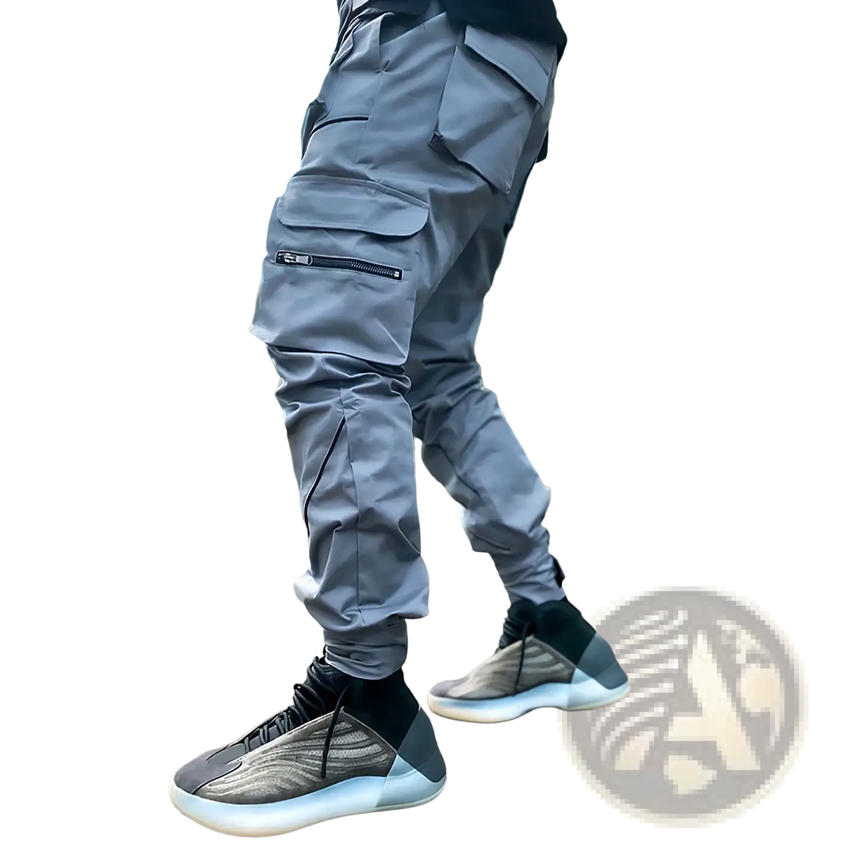 Gray reflective cargo joggers for men featuring multiple pockets and a sleek modern design for activewear use