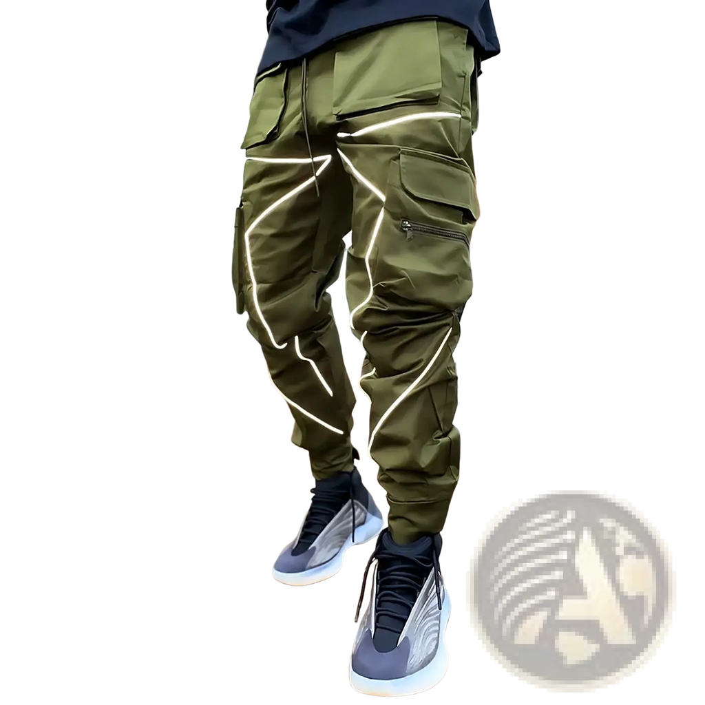 Olive green reflective cargo joggers with white piping and multiple zippered pockets for activewear use