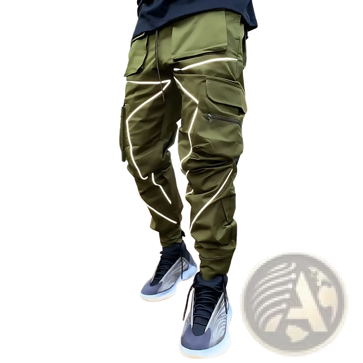 Olive green reflective cargo joggers with white piping and multiple zippered pockets for activewear use