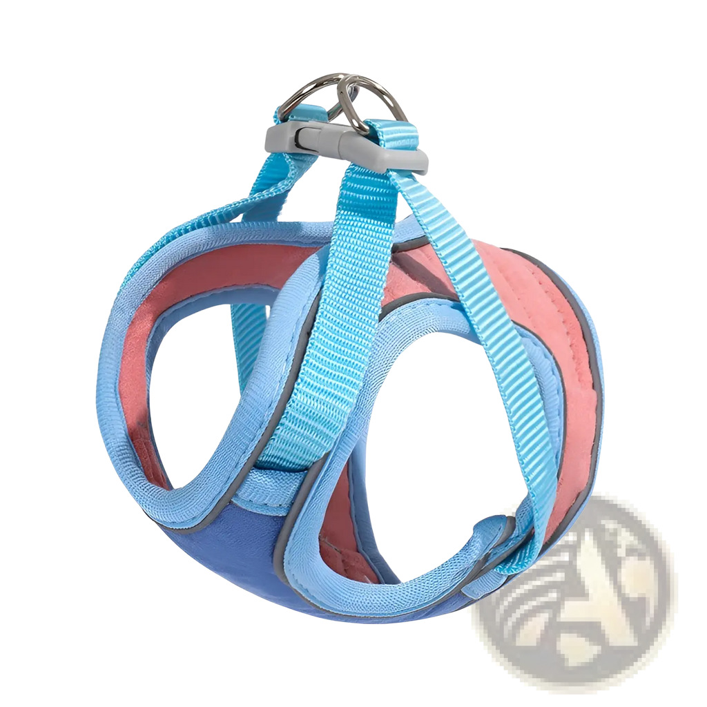 Reflective cat harness and leash set in light blue and pink with gray plastic buckle and metal ring for escape proof safety