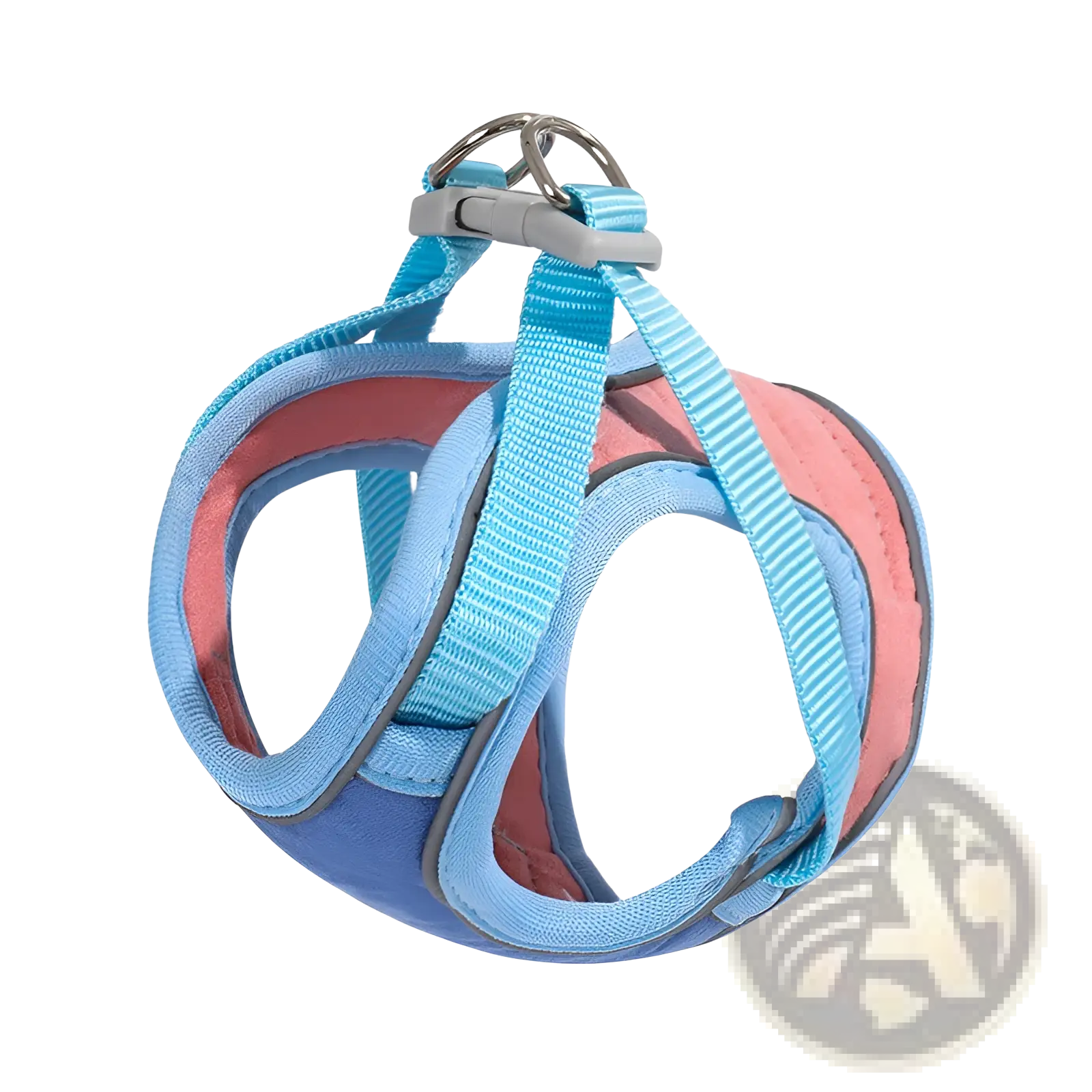 Reflective cat harness and leash set in light blue and pink with gray plastic buckle and metal ring for escape proof safety