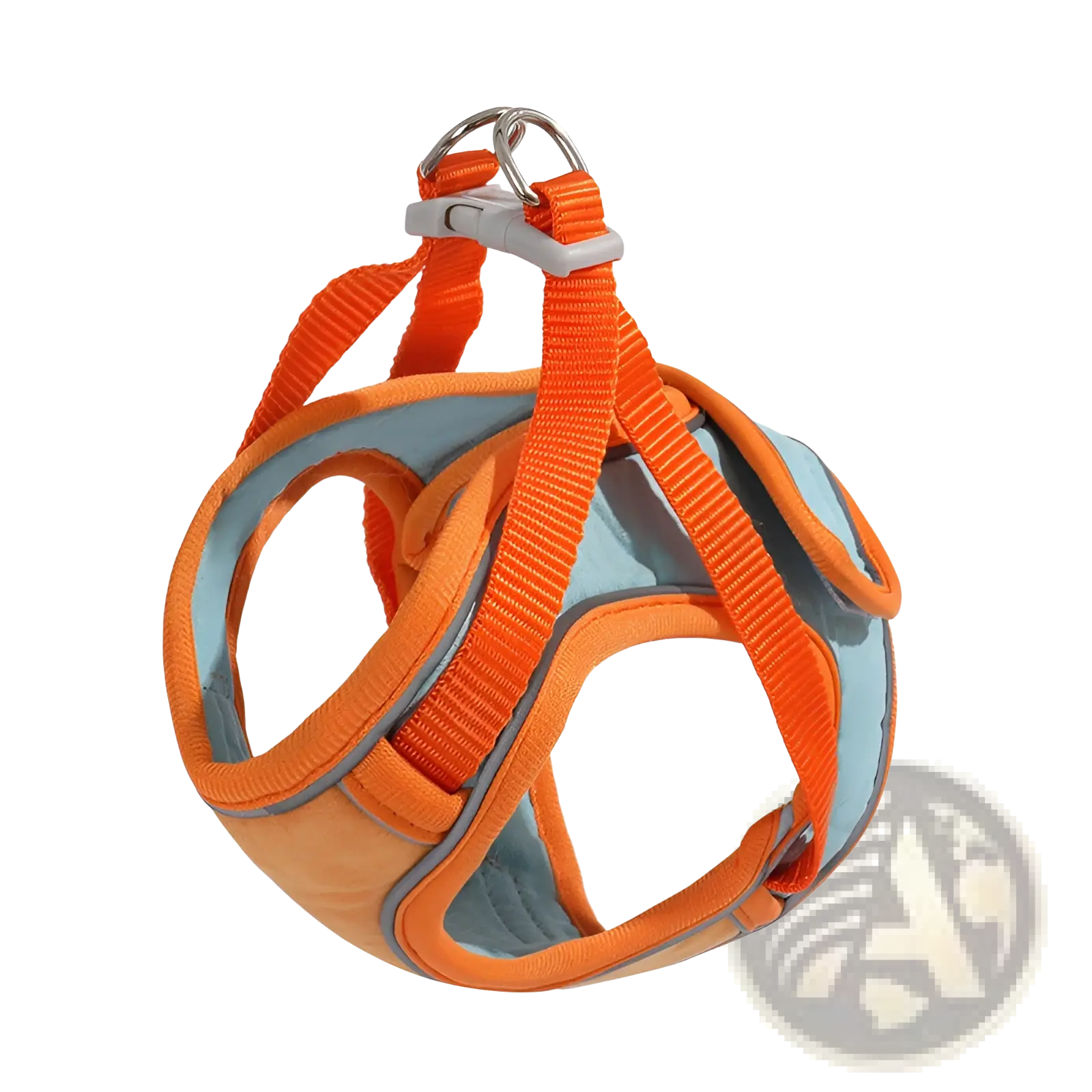 Reflective cat harness and leash set in bright orange and light blue with gray trim designed to be escape proof