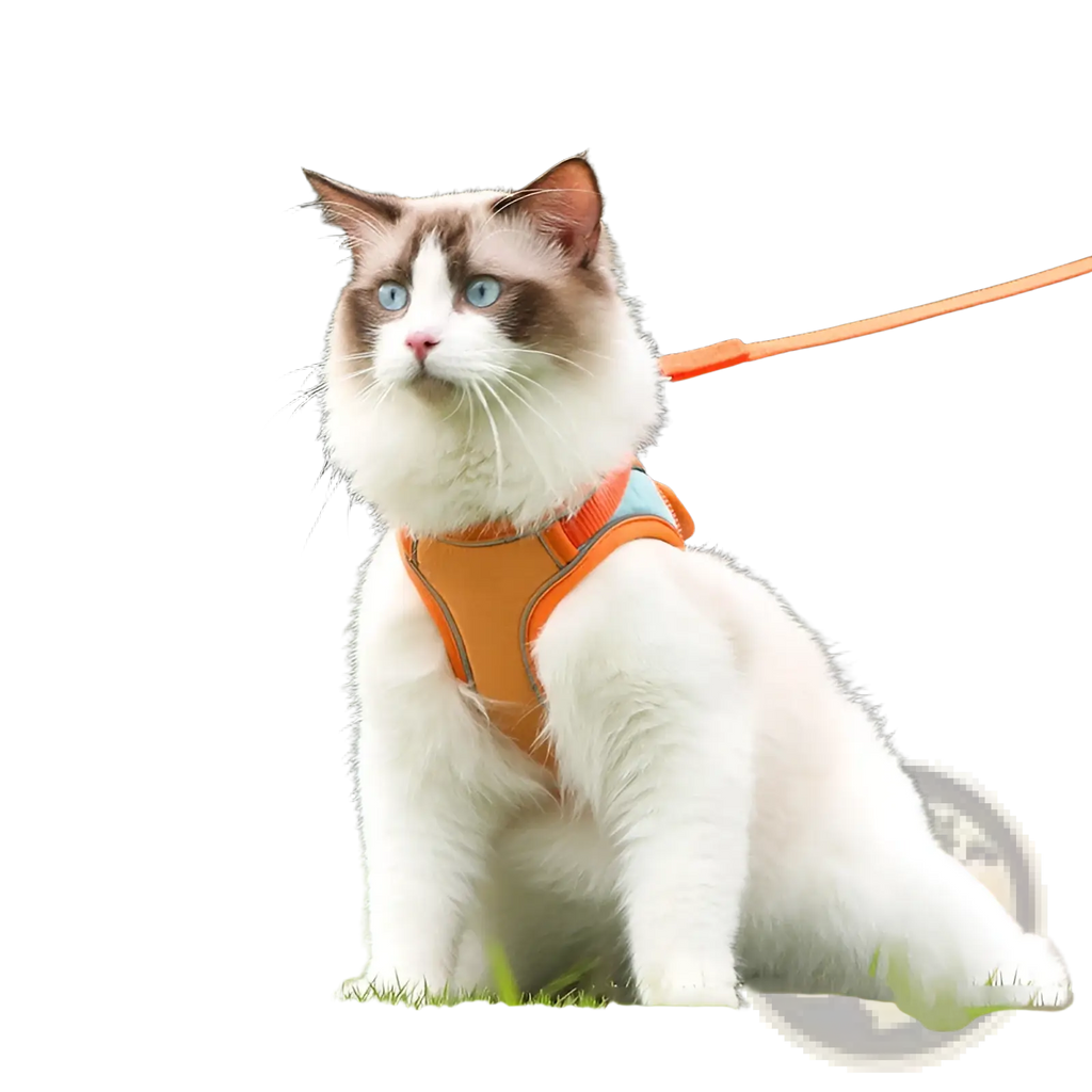 Orange cat harness and leash set with reflective strips designed to be escape proof for safe outdoor use