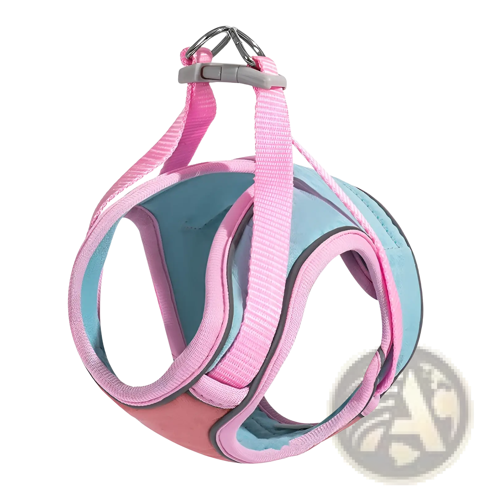 Reflective cat harness and leash set in pink and teal with adjustable straps and gray metal clasp for escape proof use
