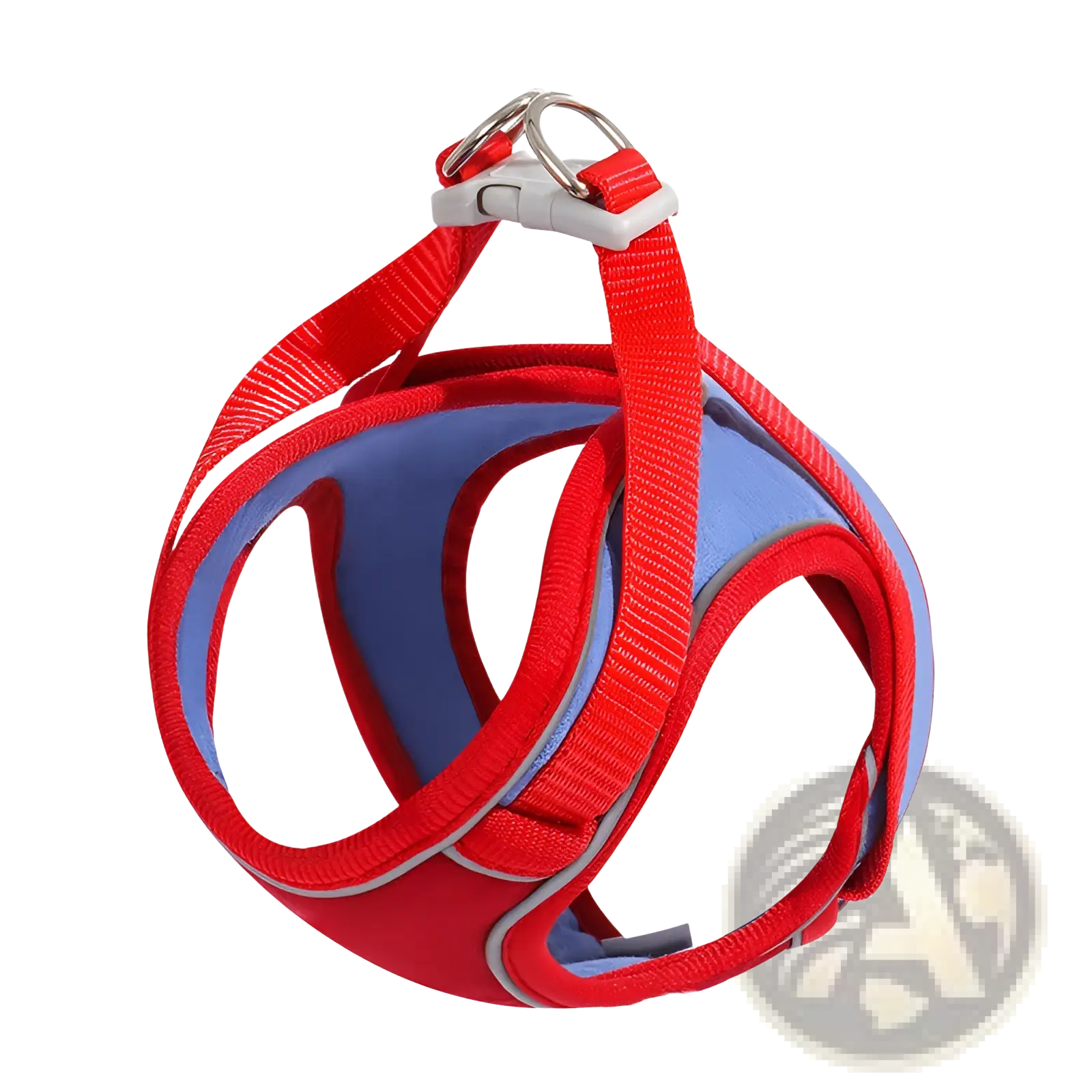 Reflective cat harness and leash set featuring red and blue colors with reflective strips and a silver metal clasp