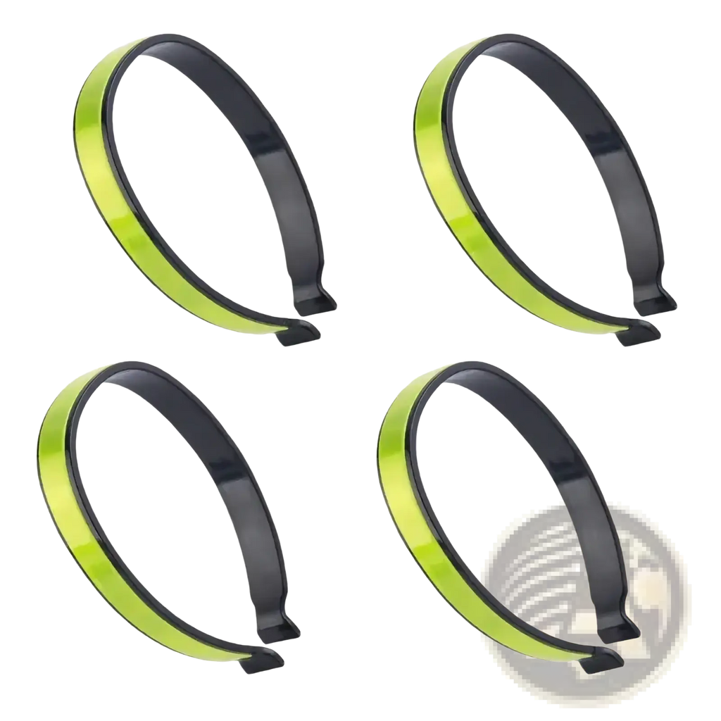 Four neon green and black reflective cycling pant clips with sleek glossy finish for visibility and safety in a 4 pack