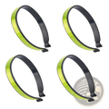 Four neon green and black reflective cycling pant clips with sleek glossy finish for visibility and safety in a 4 pack