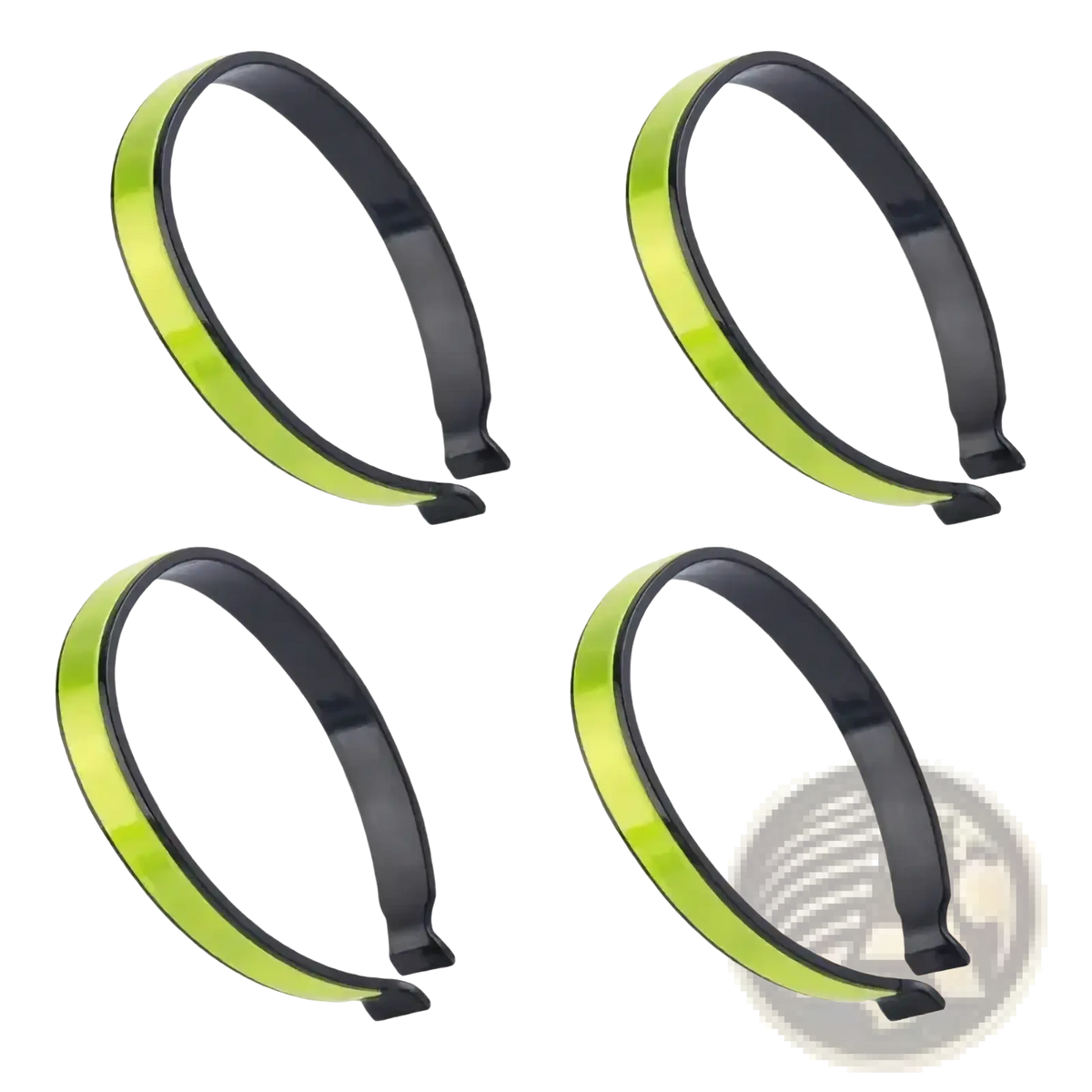 Four neon green and black reflective cycling pant clips with sleek glossy finish for visibility and safety in a 4 pack