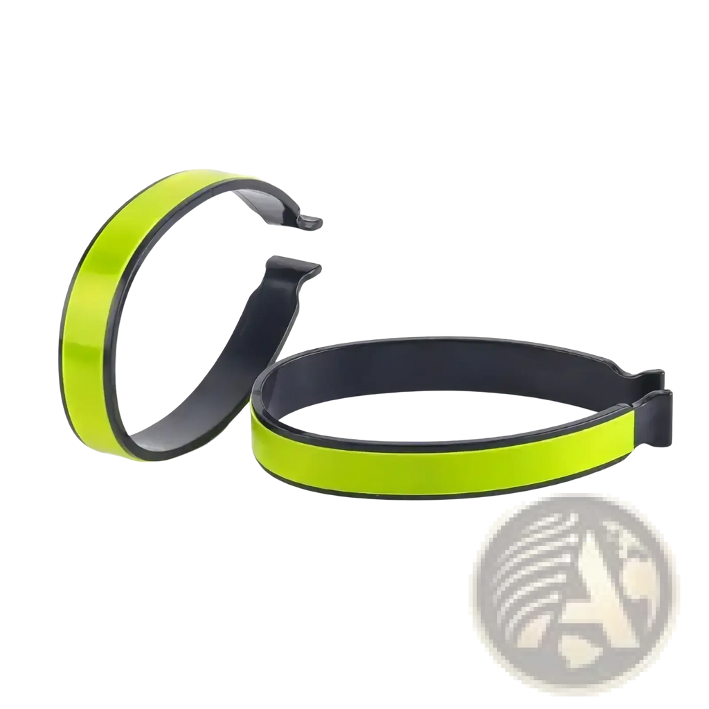 Reflective cycling pant clips 4 pack in neon green and black with a sleek glossy finish for enhanced visibility and safety