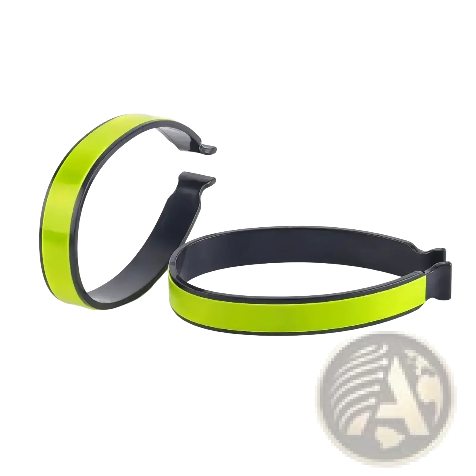 Reflective cycling pant clips 4 pack in neon green and black with a sleek glossy finish for enhanced visibility and safety