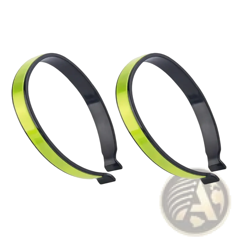 Neon green and black reflective cycling pant clips 4 pack shown from the back side for enhanced visibility and safety