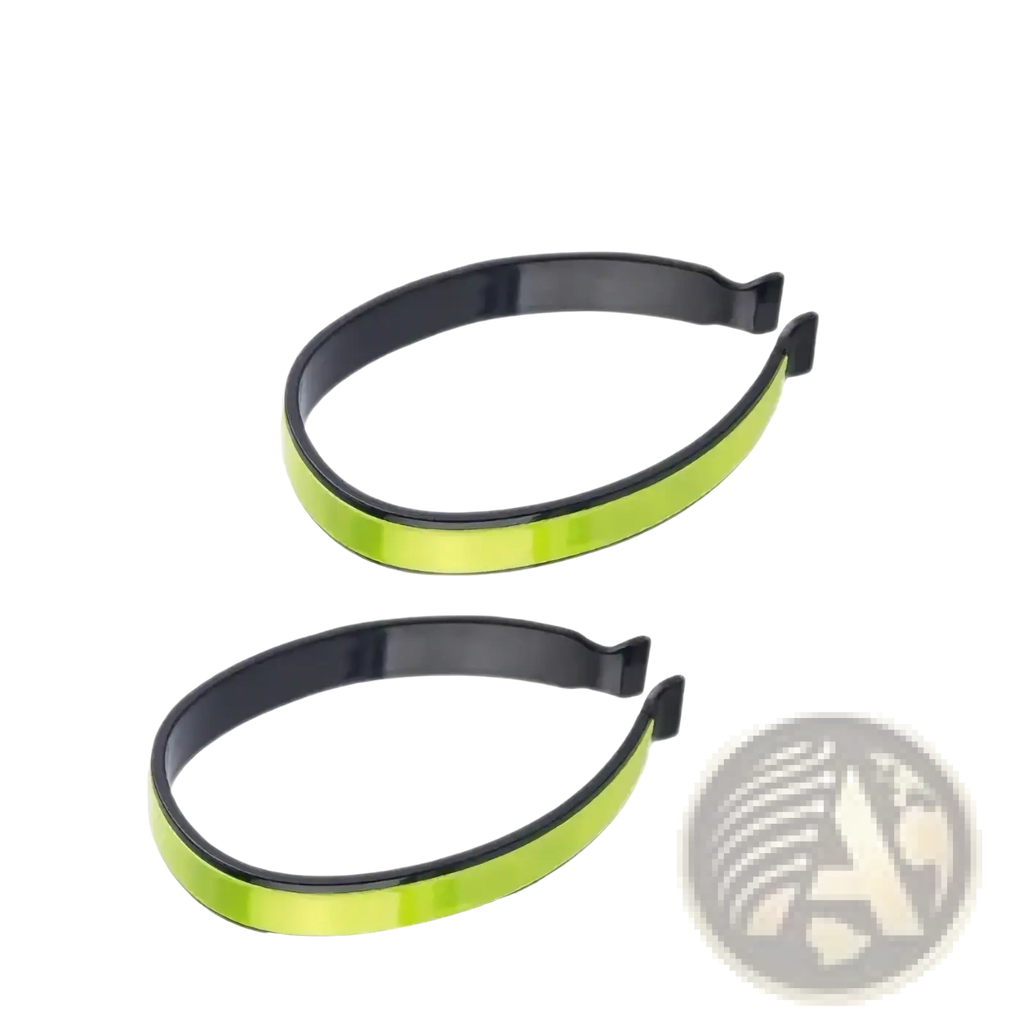 Neon green reflective cycling pant clip with black inner lining and adjustable clasp for enhanced visibility and safety