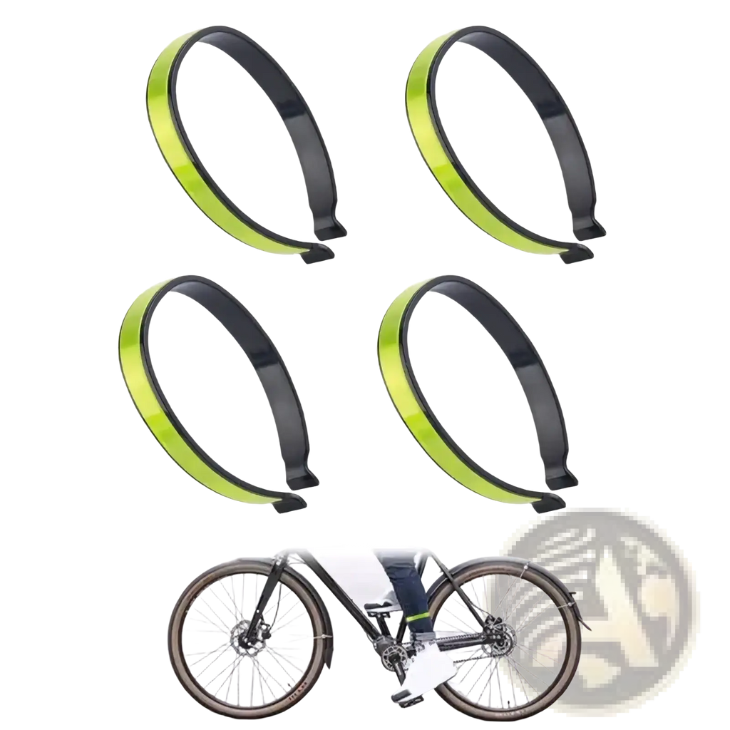 Set of four neon green reflective cycling pant clips with black rubberized edges for enhanced visibility and grip