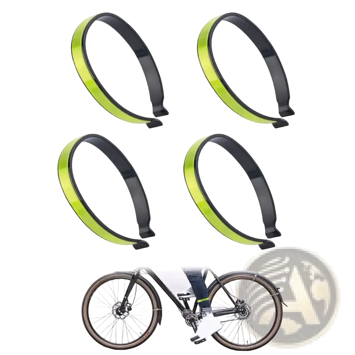 Set of four neon green reflective cycling pant clips with black rubberized edges for enhanced visibility and grip