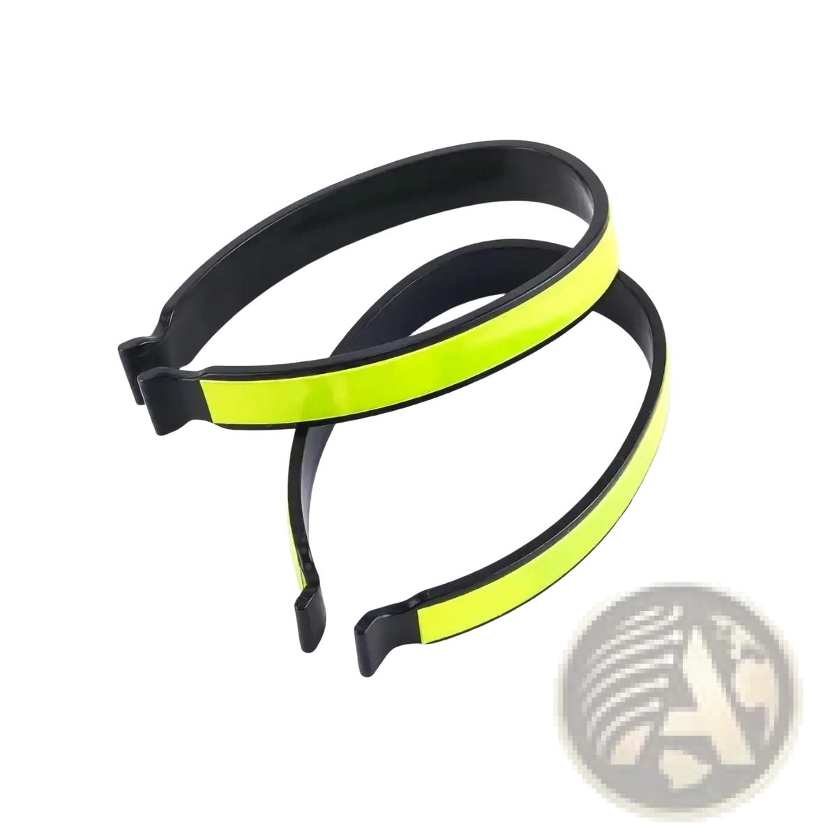 Two black and neon yellow reflective cycling pant clips with a glossy finish designed for visibility and safety