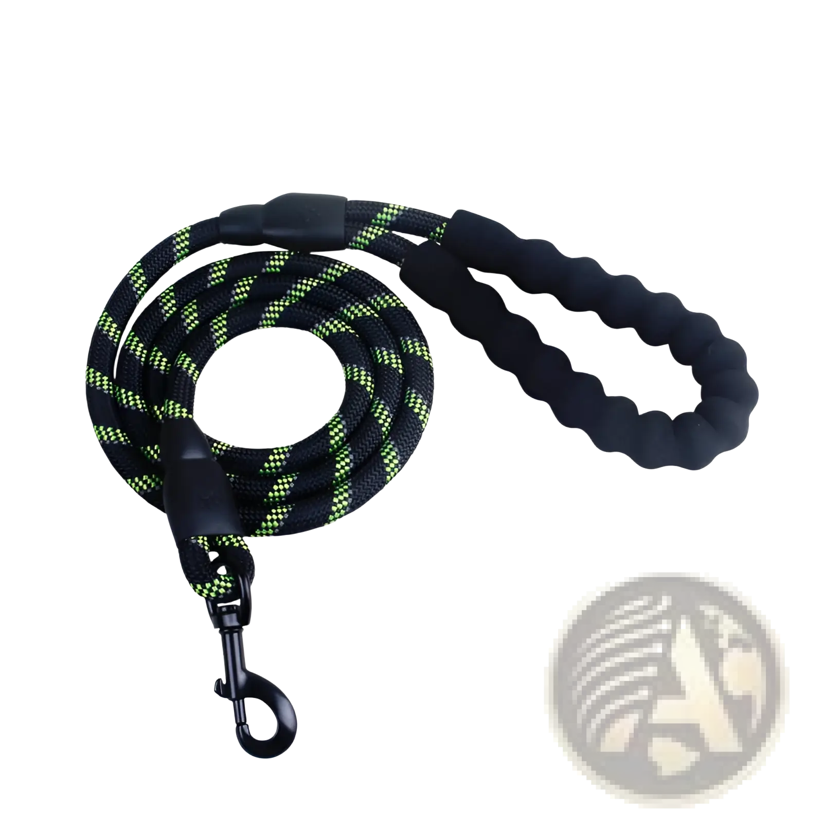 Reflective dog leash with black and neon green patterned rope, padded foam comfort handle, and metal clasp